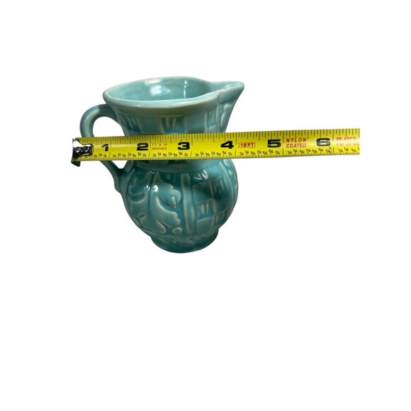 Old Aqua Green Pottery Pitcher w Handle 4.5” Oak Leaf Checked Vintage Excellent - Picture 9 of 12
